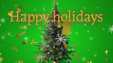 Animation-of-happy-holidays-text-and-snow-falling-over-christmas-tree-on-green-background