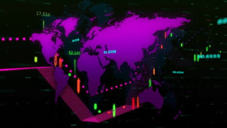 Animation-of-financial-data-processing-over-world-map-and-grid-on-dark-background