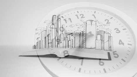 Animation-of-book-with-cityscape-over-clock-ticking-on-white-background
