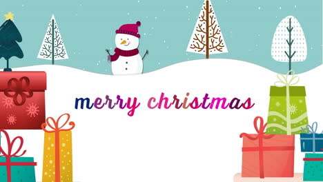 Animation-of-merry-christmas-text,-snow-falling-over-winter-scenery