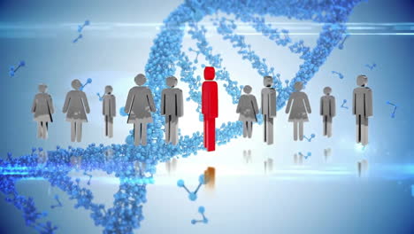 Animation-Von-Symbolen-über-DNA-Strang-Und-Lichtspuren-Auf-Blauem-Hintergrund