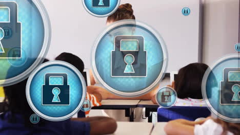 Animation-of-padlock-in-circles-over-diverse-female-teacher-assisting-boy-in-using-digital-tablet