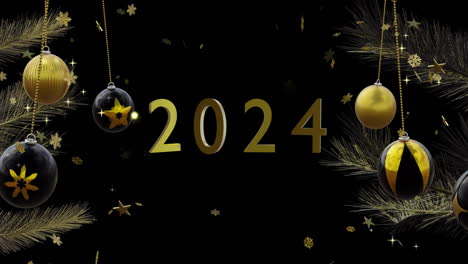 Animation-of-2024-and-baubles-on-black-background