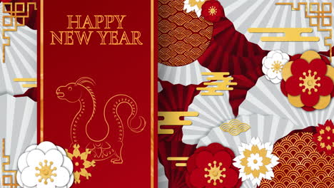 Animation-of-happy-new-year-text-and-dragon-sign-with-chinese-pattern-on-red-background