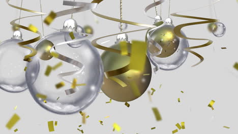 Animation-of-party-streamers-and-confetti-with-baubles-on-white-background