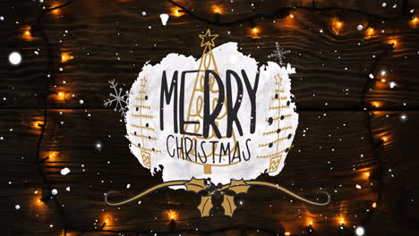 Animation-of-merry-christmas-text-over-snow-and-fairy-lights-on-wooden-background