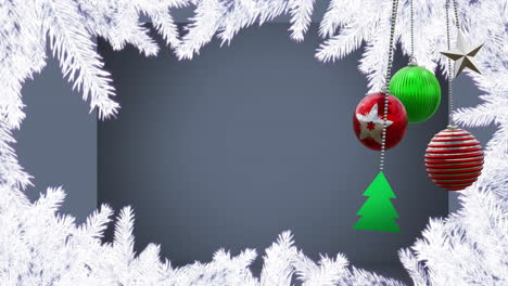 Animation-of-hanging-baubles,-star,-tree-with-snow-covered-pine-leaves-against-gray-background