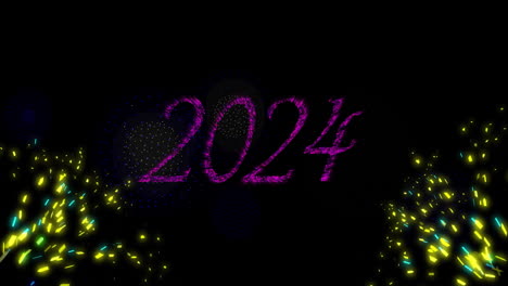 Animation-of-2024-text-over-fireworks-exploding-on-black-background