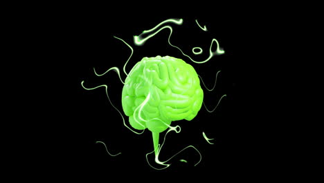Animation-of-human-brain-and-green-light-trails-processing-over-black-background