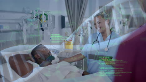 Animation-of-dna-strand-over-biracial-female-doctor-and-male-patient-in-hospital