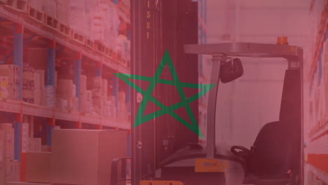 Animation-of-flag-of-morocco-over-forklift-truck-in-storage-warehouse