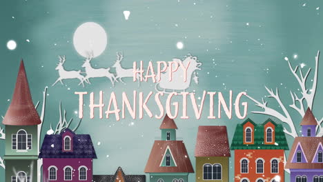 Animation-of-happy-thanksgiving-text-over-santa-claus-in-sleigh-in-winter-scenery