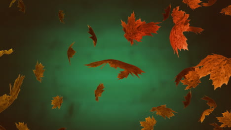 Animation-of-autumn-leaves-blowing-over-dark-green-background