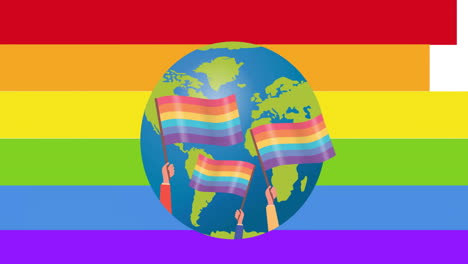 Animation-Eines-Globus-Mit-Regenbogenfahnen-über-Regenbogenfarben-Auf-Weißem-Hintergrund
