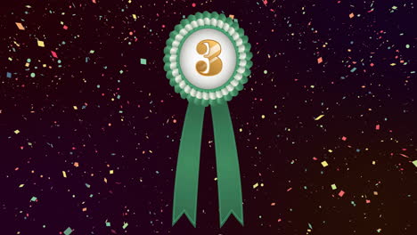 Animation-of-green-and-white-rosette-with-number-3-and-falling-confetti-on-black-background