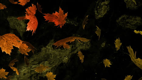 Animation-of-autumn-leaves-over-moving-shapes-on-black-background