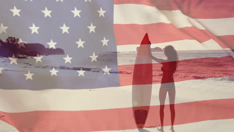 Animation-of-flag-of-usa-over-caucasian-woman-on-beach-in-summer