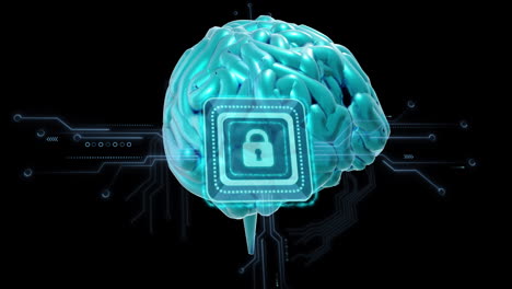 Animation-Des-Menschlichen-Gehirns,-Vorhängeschloss-Und-Datenverarbeitung-Auf-Schwarzem-Hintergrund