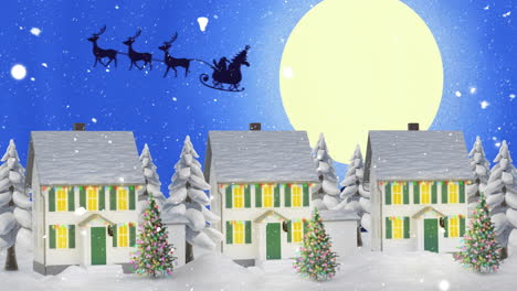 Animation-of-snow-falling-over-christmas-sant-claus,-full-moon-and-winter-scenery