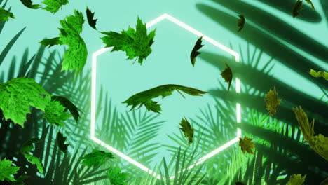 Animation-Von-Grünen-Blättern,-Die-über-Einem-Weißen-Neon-Sechseck-Im-Dschungel-Mit-Blauem-Himmel-Wehen