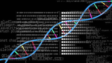Animation-of-data-processing-over-dna-strand-on-black-background
