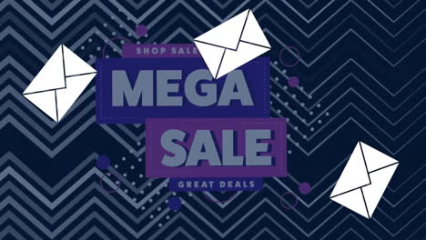 Animation-of-falling-envelopes,-shop-sale-now,-mega-sale,-great-deals-text-over-abstract-pattern