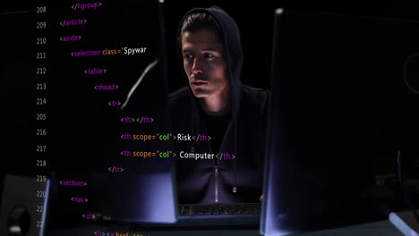 Animation-of-data-processing-over-male-computer-hacker-using-computer