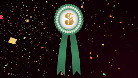 Animation-of-medal-with-gold-number-three-and-green-ribbon-and-confetti-floating-on-black-background