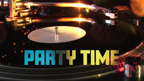 Animation-of-party-time-text-and-record-player-at-party-with-lights-on-black-background