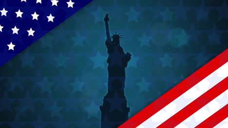 Animation-Der-Flagge-Der-USA-über-Der-Freiheitsstatue-Auf-Blauem-Hintergrund
