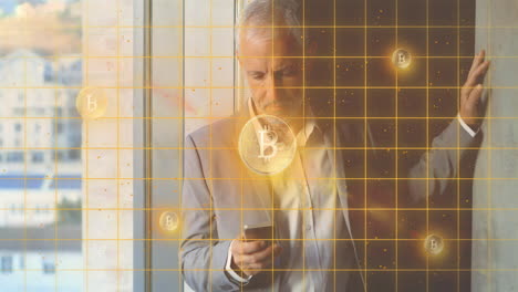 Animation-of-bitcoins-and-shapes-over-caucasian-businessman-using-smartphone
