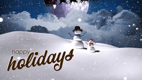 Animation-Eines-Textes-Mit-Dem-Titel-„Frohe-Feiertage“-Und-Schnee,-Der-über-Schneemänner-In-Einer-Winterlandschaft-Fällt