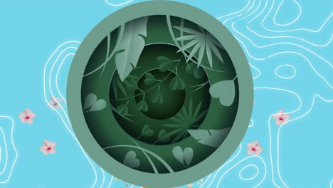Animation-of-green-plants-in-circle-on-blue-background