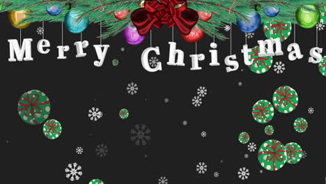 Animation-of-merry-christmas-text,-snow-falling-over-christmas-decorations