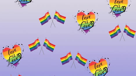 Animation-of-rainbow-flags-and-hearts-with-love-is-love-texts-over-blue-background