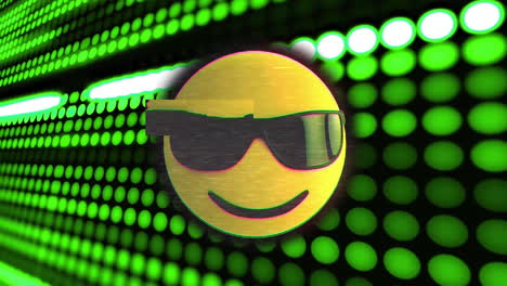 Animation-of-smiling-emoji-icon-in-sunglasses-over-glowing-neon-lights-over-dark-background