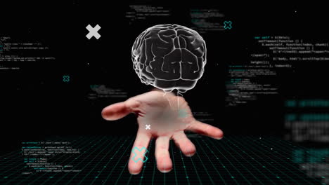 Animation-of-human-brain-with-woman's-hand-and-data-processing-over-dark-background