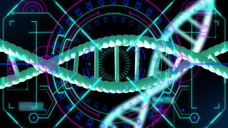 Animation-Von-Sich-Drehenden-DNA-Strängen-Mit-Datenverarbeitung-Auf-Schwarzem-Hintergrund