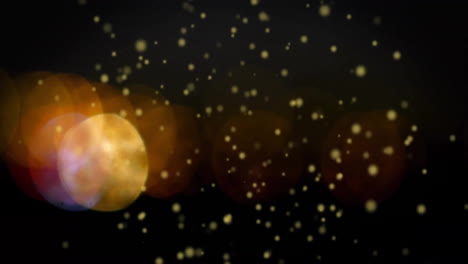 Animation-Von-Weißen-Sternen-über-Orangefarbenen-Und-Gelben-Lichtpunkten-Auf-Schwarzem-Hintergrund