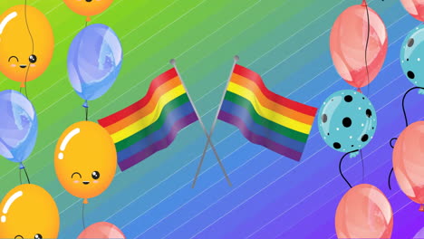 Animation-of-happy-colourful-balloons-and-rainbow-flags-on-rainbow-background