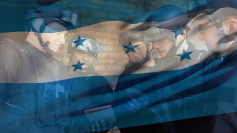 Animation-of-flag-of-honduras-over-caucasian-male-soldiers-using-tablet-and-planning-strategy