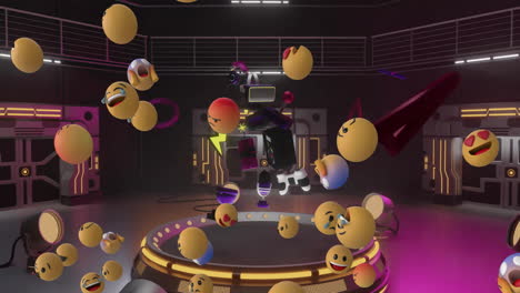 Animation-Von-Gaming--Und-Emoji-Symbolen-über-Dem-Cyberroom