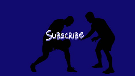 Animation-Des-Abonnementtextes-über-Dem-Schatten-Der-Basketballgegner,-Die-Vor-Blauem-Hintergrund-Spielen