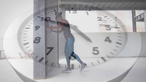Animation-of-clock-ticking-over-african-american-woman-exercising
