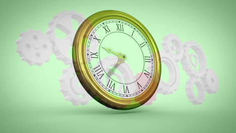 Animation-of-clock-ticking-over-cogs-working-in-background