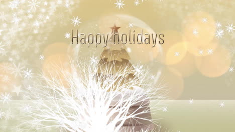 Animation-of-happy-holidays-text-and-snow-falling-over-christmas-tree-in-winter-scenery