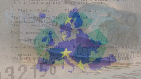 Animation-of-flag-of-european-union-and-map-of-europe-over-euro-currency-bills