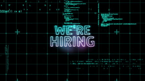 Animation-of-neon-we're-hiring-text-over-data-processing