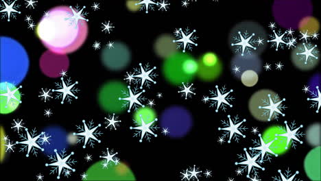 Animation-of-falling-snowflakes-and-colourful-light-orbs-on-black-background