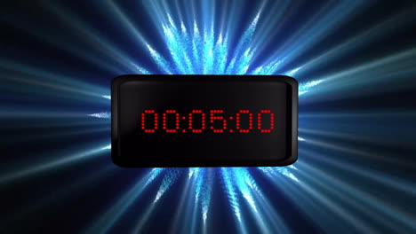 Animation-of-red-digital-timer-changing-with-blue-light-trails-on-black-background